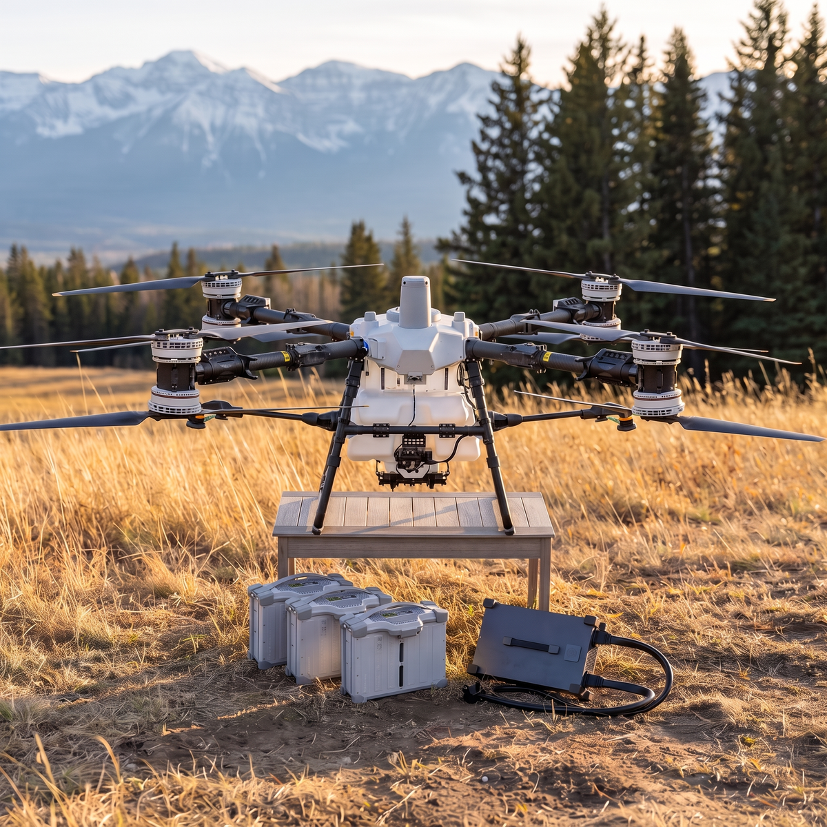 Banff Range Combo — DJI Agras T100, three DB2160 batteries and C12000 power supply staged on Alberta foothills rangeland
